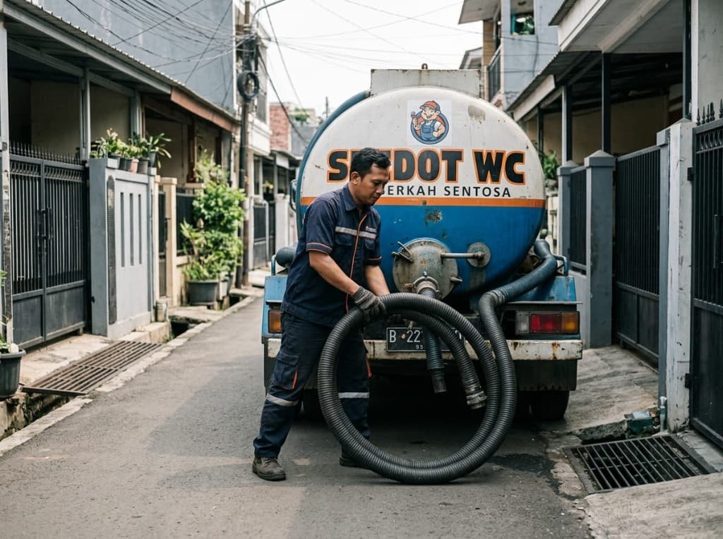 Teknisi membawa gulungan selang di gang sempit di belakang truk tangki.