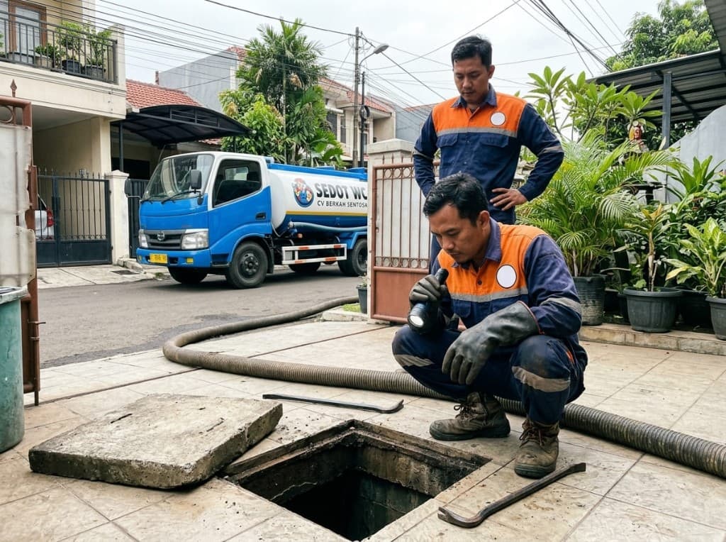 Teknisi memeriksa lubang septic tank dengan senter di teras rumah.