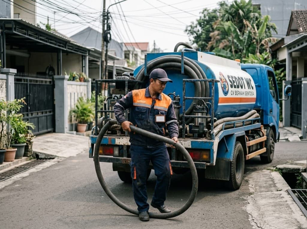 Teknisi membawa gulungan selang di belakang truk tangki SEDOT WC.