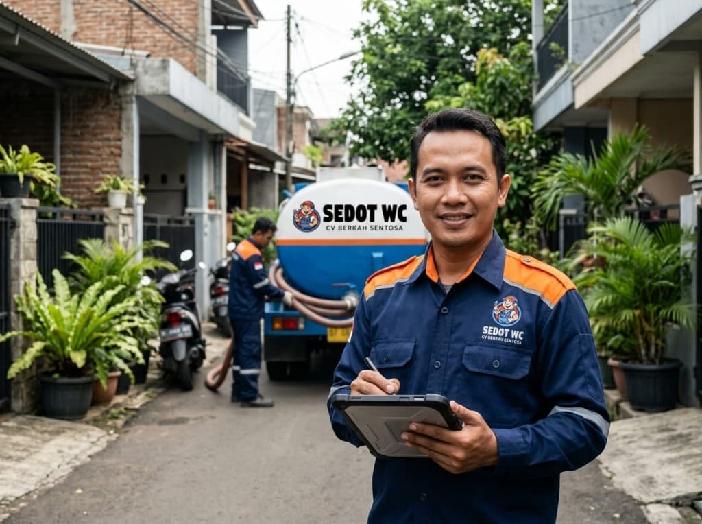 Teknisi seragam Berkah memegang tablet di gang, truk SEDOT WC di belakang.