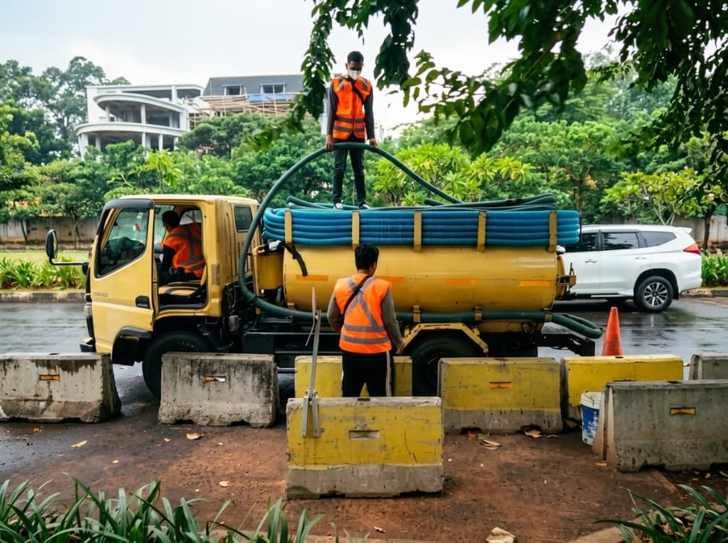 Tim di truk tangki kuning memasang selang, dengan barrier beton di lokasi kerja.