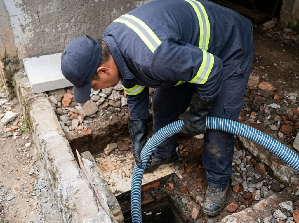 Teknisi memasukkan selang ke septic tank untuk inspeksi dan perbaikan.