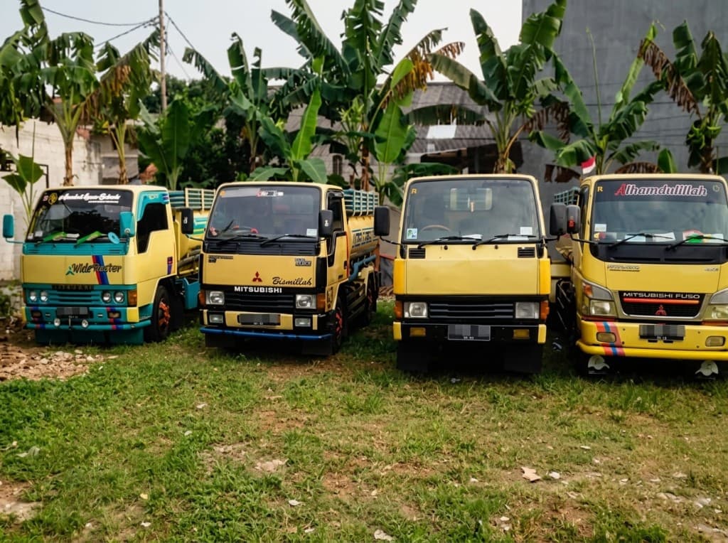 Empat unit truk tangki kuning terparkir di pool armada.