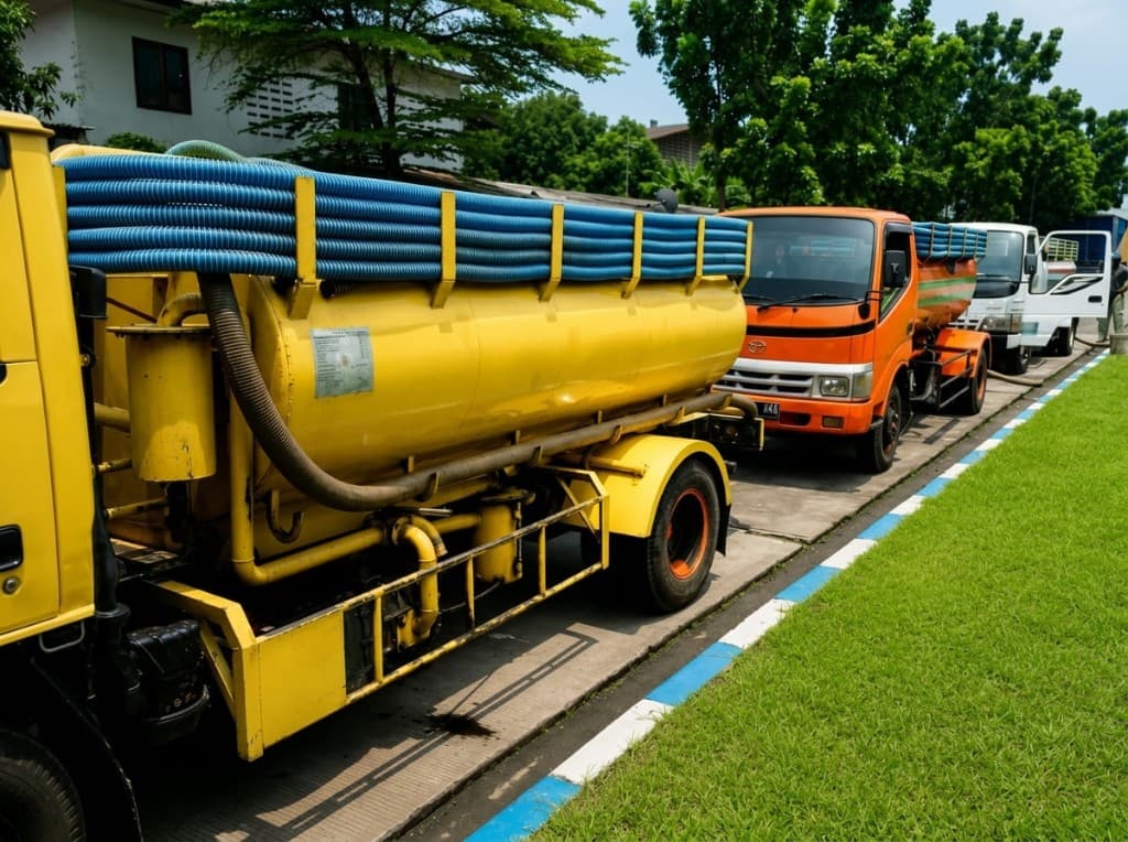 Deretan truk tangki siap tugas di tepi jalan.