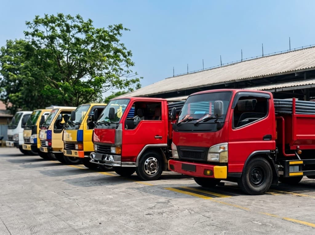 Armada truk sedot di pool kendaraan, termasuk unit merah dan kuning.