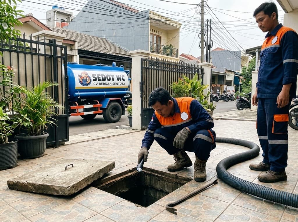 Teknisi memeriksa septic tank di teras rumah dengan truk di belakang gerbang.