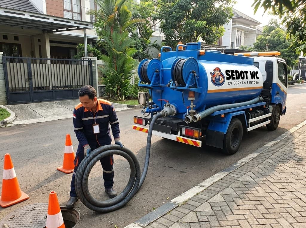 Teknisi memasukkan selang ke saluran di tepi jalan, truk SEDOT WC terparkir dengan cone.