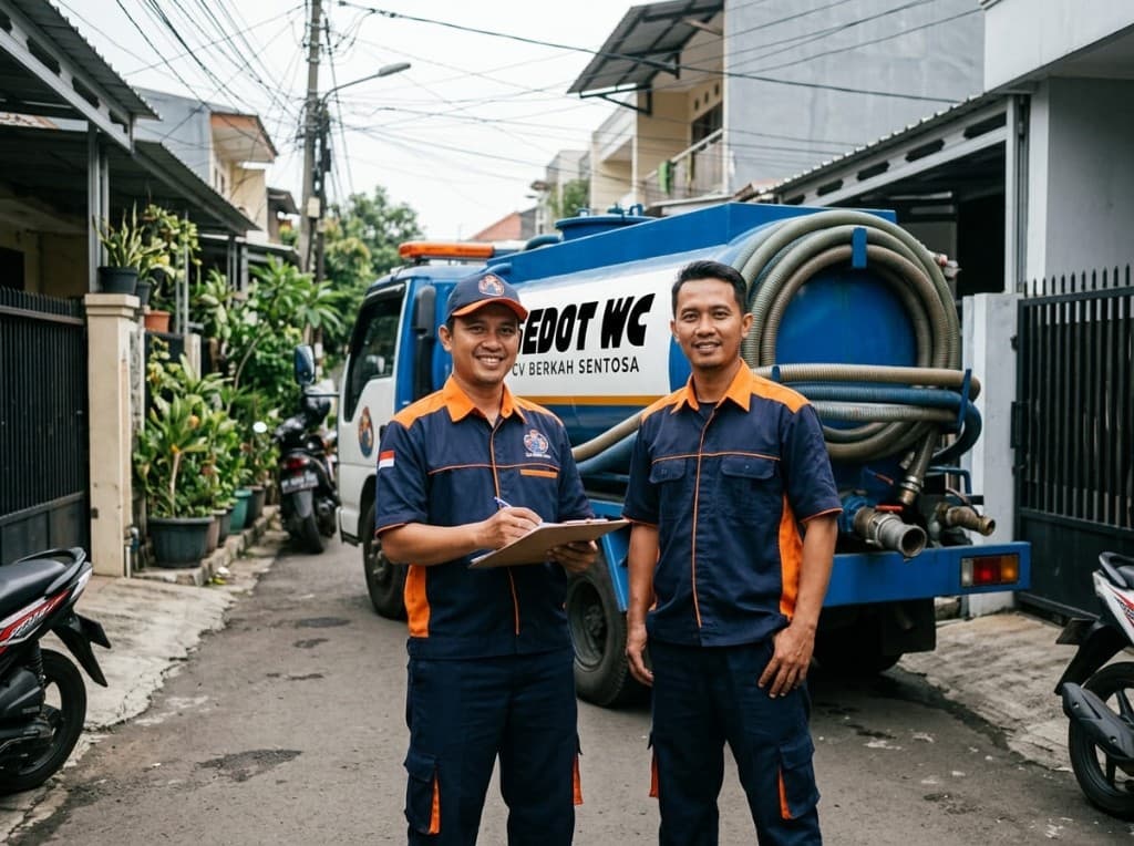 Dua teknisi seragam Berkah di samping truk tangki di gang permukiman.